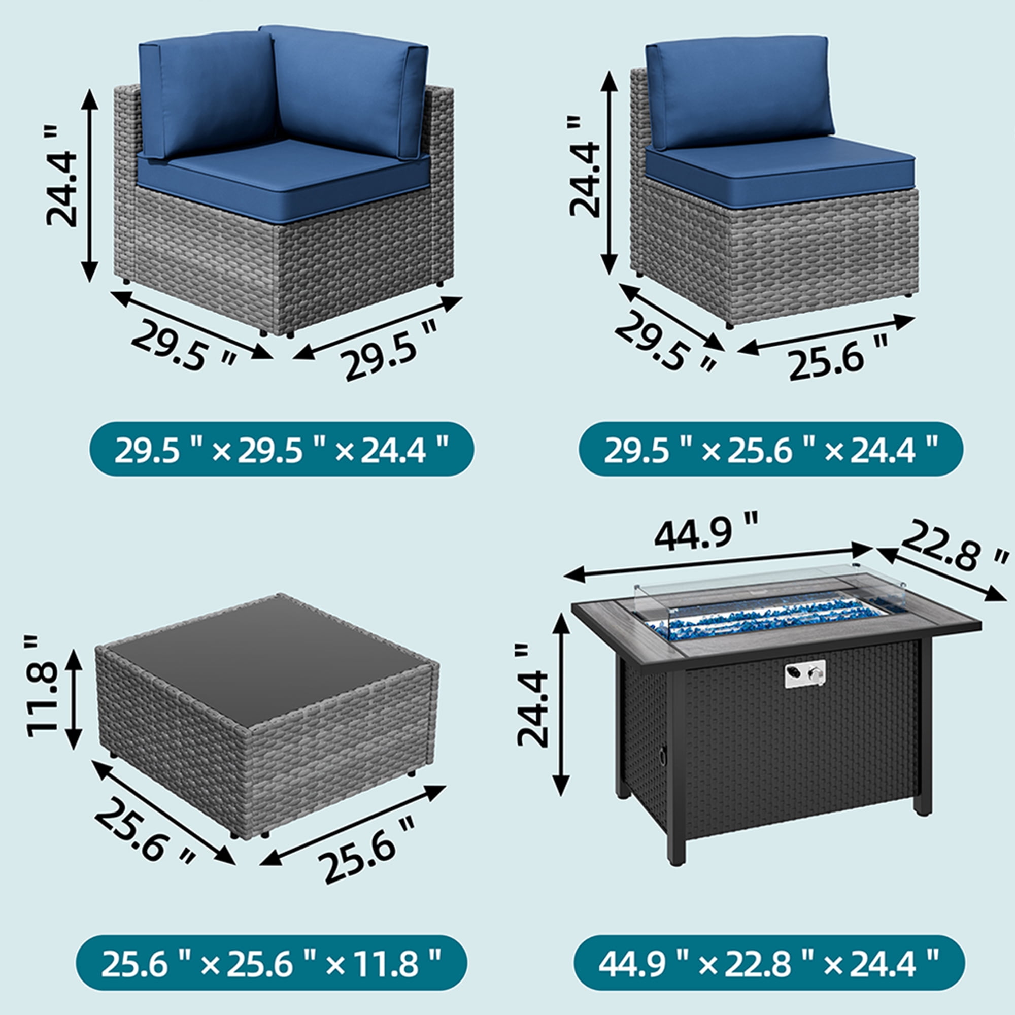 Walsunny 15 Pieces Patio Wicker Rattan Fire Pit Furniture Conversation Sets with Outdoor Sectional Sofa,45" Gas Propane Fire Pit Table,Glass Coffee Table,Silver Rattan Aegean Blue Cushion