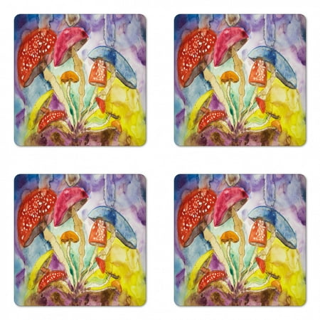 

Psychedelic Coaster Set of 4 Watercolor Style Mushrooms Dreamy Grungy Style Enchanted Forest Theme Square Hardboard Gloss Coasters Standard Size Multicolor by Ambesonne