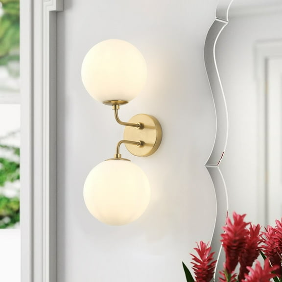 Modern Brushed Gold 2-Light Wall Sconce, Globe Bathroom Vanity Light, Antique Milky Glass Sphere Wall Light Fixture