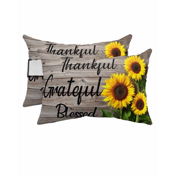 Pack of 2 Outdoor Lumbar Pillow Covers 12x20 Inch, Sunflower Wooden Waterproof Throw Pillow Covers Set, Farmhouse Vintage Botanical Floral Indoor&Outdoor Decorative Cushion Cases for Patio Porch Car