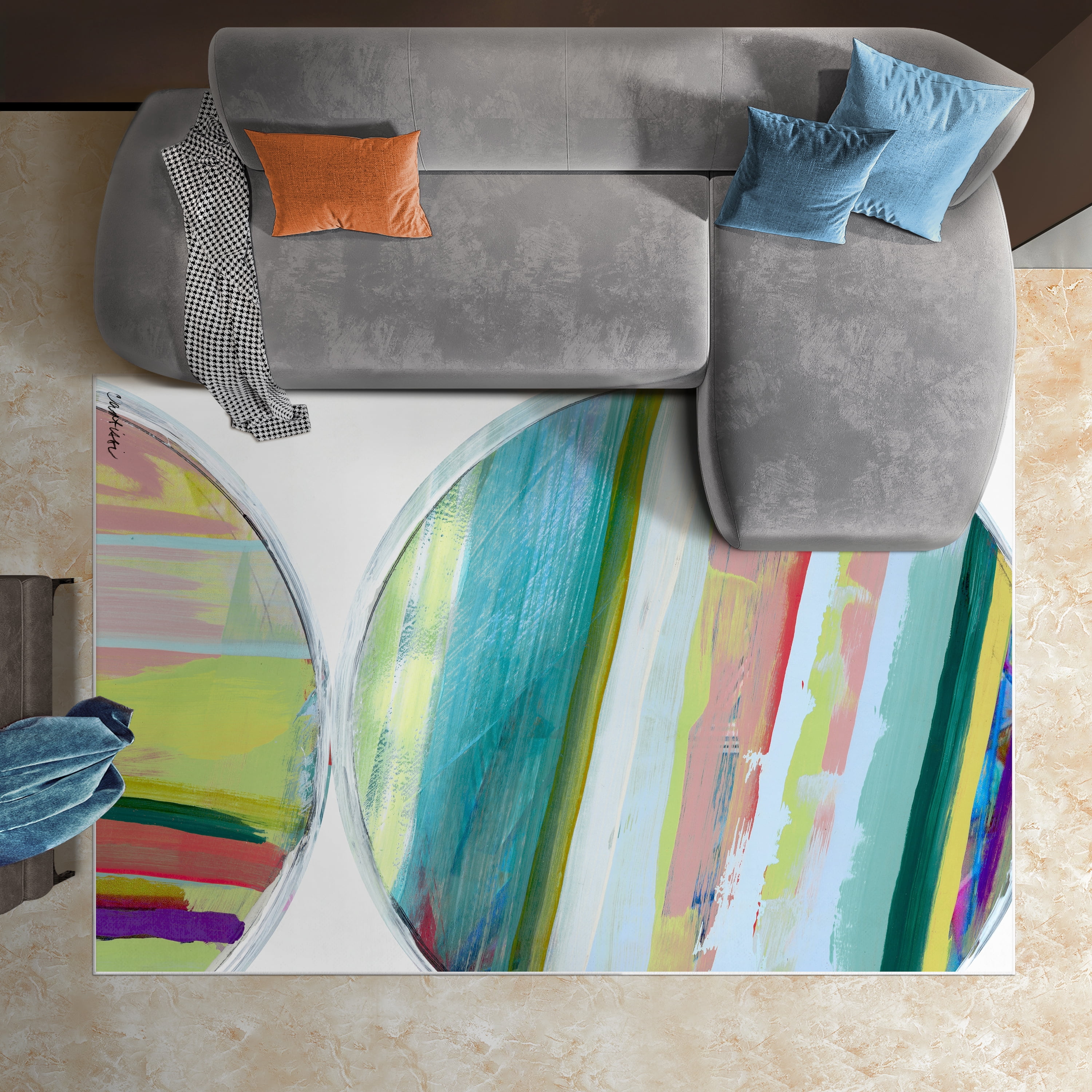 Rhythmic Circles III Washable Geometric Art Area Rug size 5'x8', Power-loomed, Heavenly Softness with Non-Slipping Backing