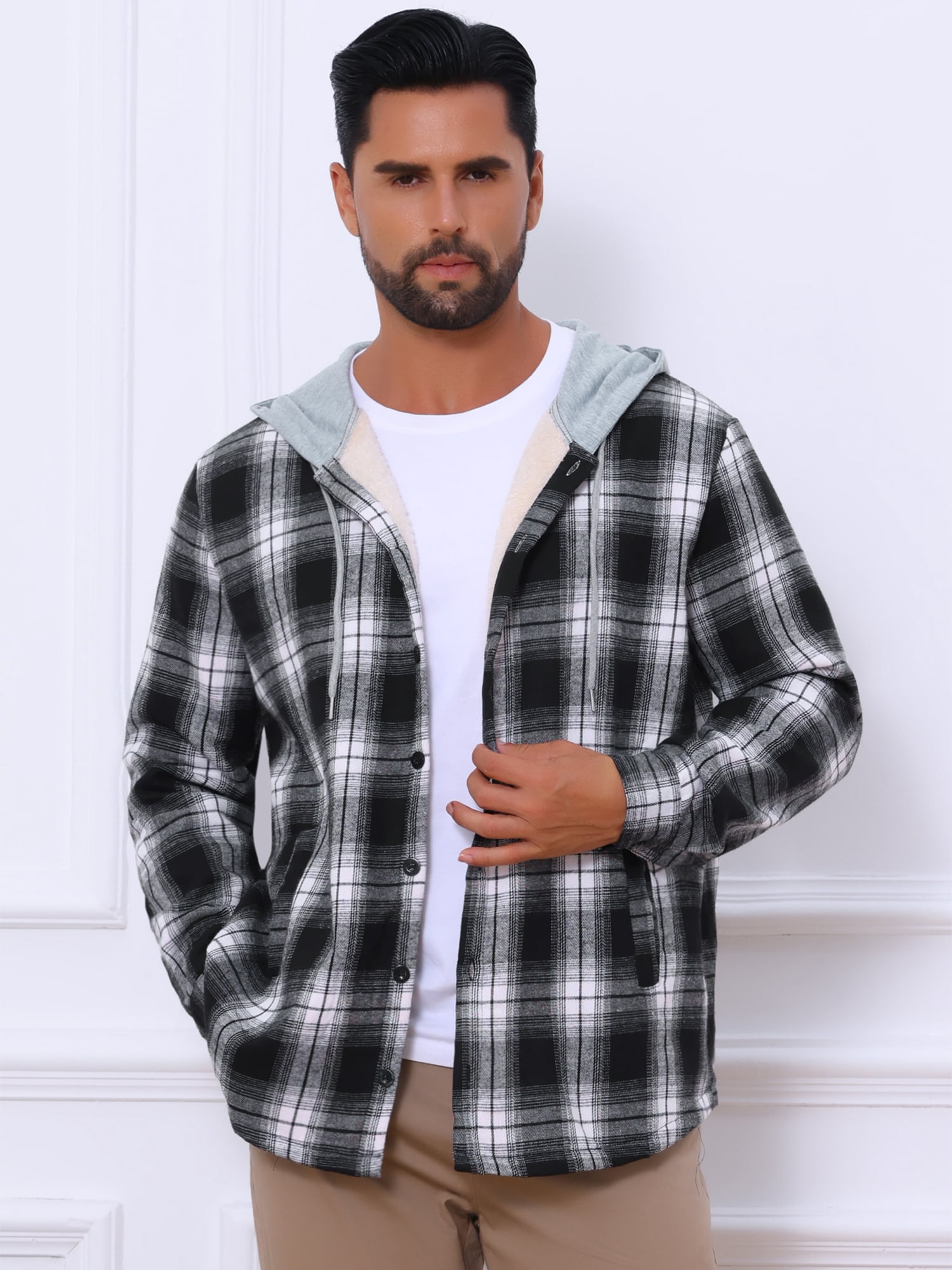 DARING DIVA Men's Fleece Lining Drawstring Hooded Plaid Shirt Jacket XL Black White