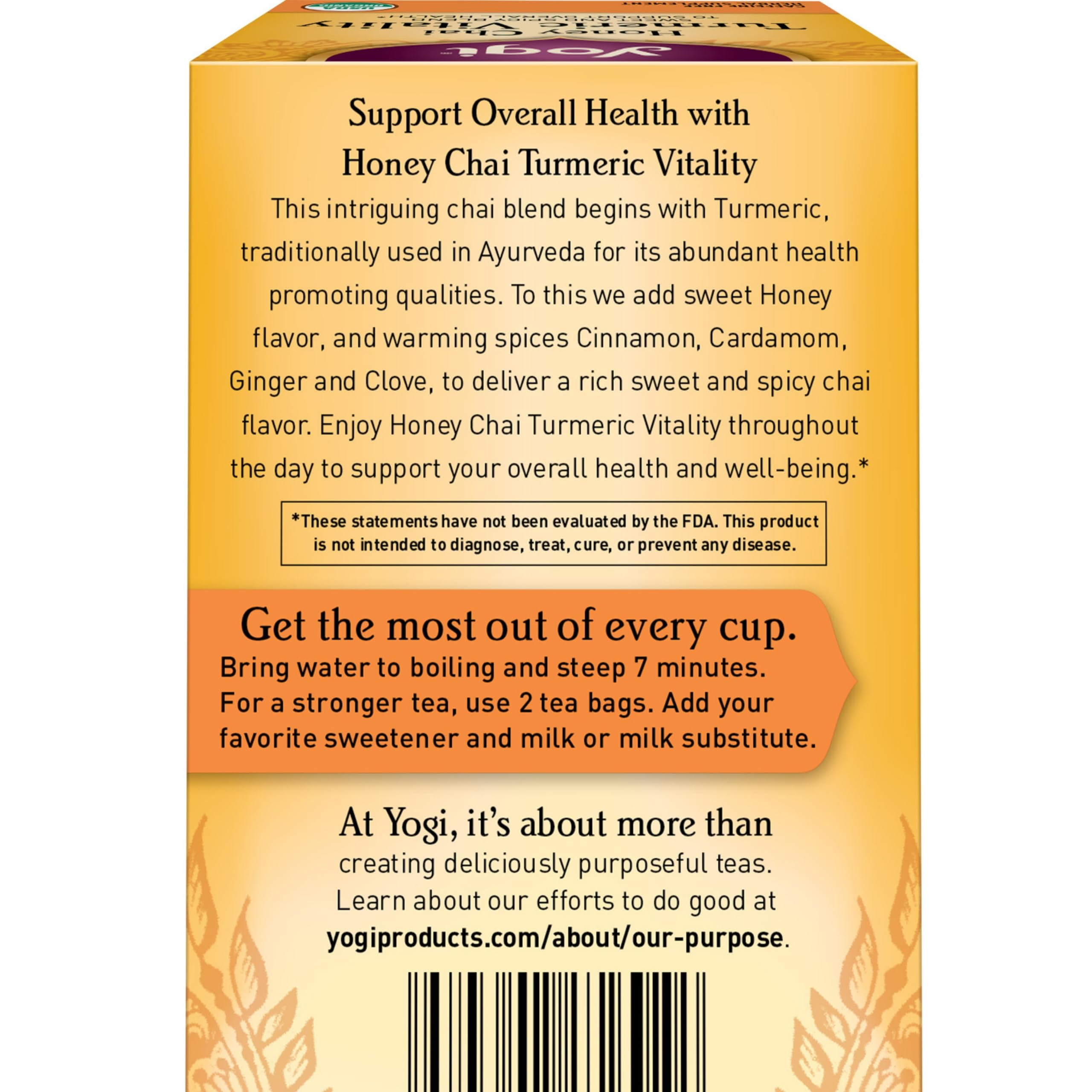 Tea Honey Chai Turmeric Vitality Tea - 16 Tea Bags Per Pack (4 Packs) - Organic Tea To Support Overall Health - Includes Cinnamon Bark, Turmeric Root, Cardamom Pod, Ginger Root & More