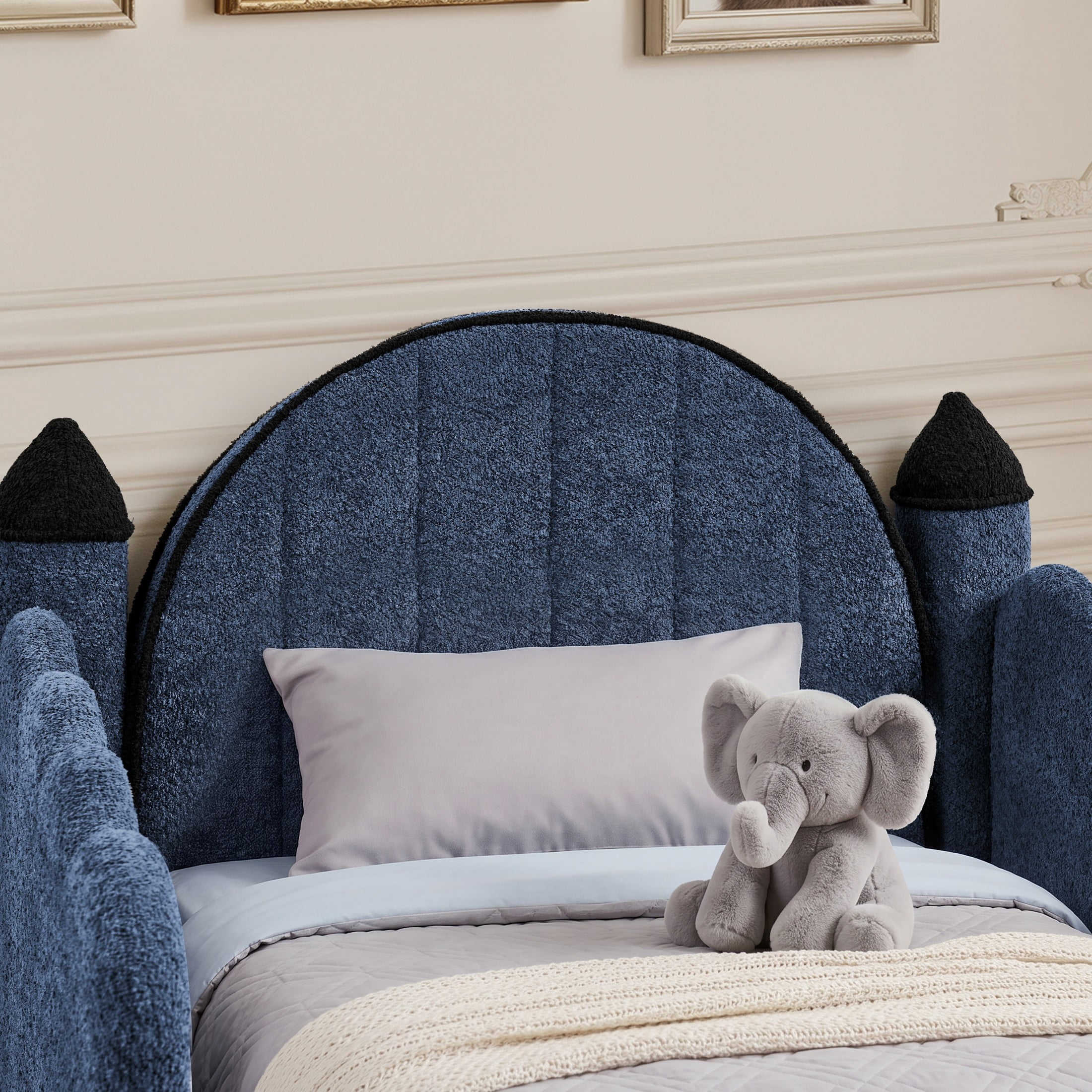 GDF Studio Solley Twin Size Castle Bed with Safety Guardrails, Curtain & Wood Frame, Boucle Upholstered Bed, Navy