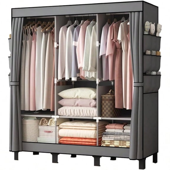 Portable Closet Clothes Storage Box Simple Wardrobe For Hanging Clothes Multiple Shelves And 3 Booms 6 Side Pockets Grey (Grey Large)