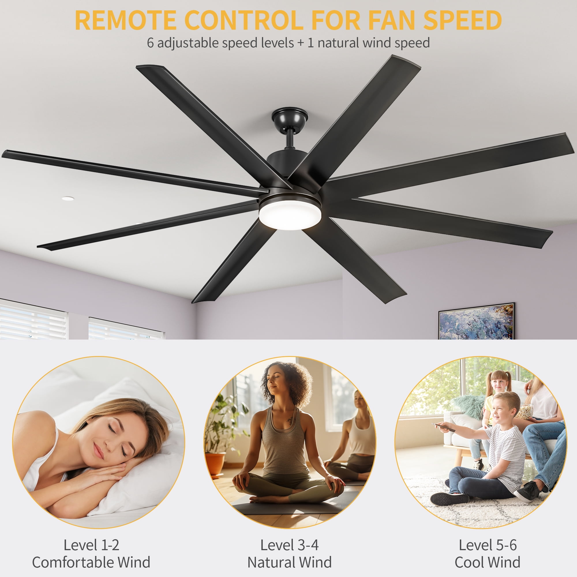 Dextrus 72-Inch 8-Blade Modern Ceiling Fan with Light, 6-Speed Quiet DC Motor, Dimmable 3-Color LED, Memory Function, App & Remote Control for Indoor and Outdoor Spaces
