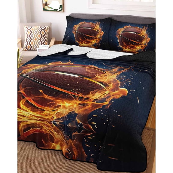 Basketball, Twin XL Size Down Alternative Comforter, Lightweight Comforter Quilt Bedding Set with Pillow Shams Sports Black Orange All Seasons Bed Comforter Duvet Insert 68"x98"