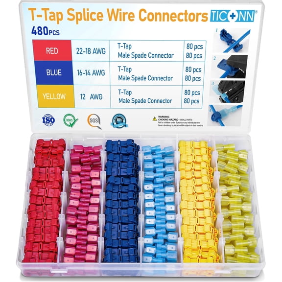 TICONN 480pc T Tap Wire Connectors Kit, Quick Splice Wiring Connectors Case