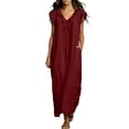 thumbnail image 3 of VBVC Women's Ruffle V Neck Maxi Dress , Casual Summer Beach Dress For Women , Ladies' Flutter Sleeve Loose Long Dress with Pockets,Wine,S-2XL, 3 of 9