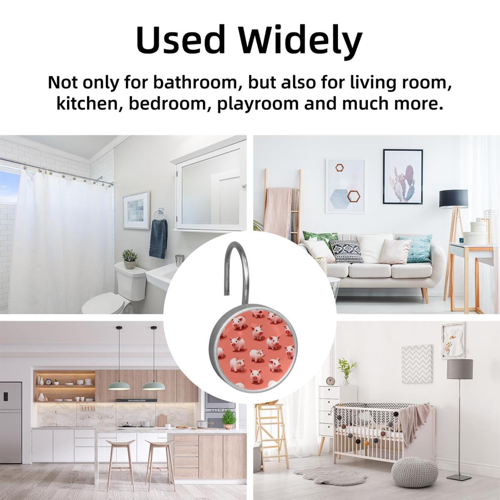 12pcs Decorative Shower Curtain Hooks, Rust Resistant Shower Rings for Bathroom Living Room,Rustproof Stainless Steel Rings for Shower Curtain and Liner Rods,Pig Pink Background