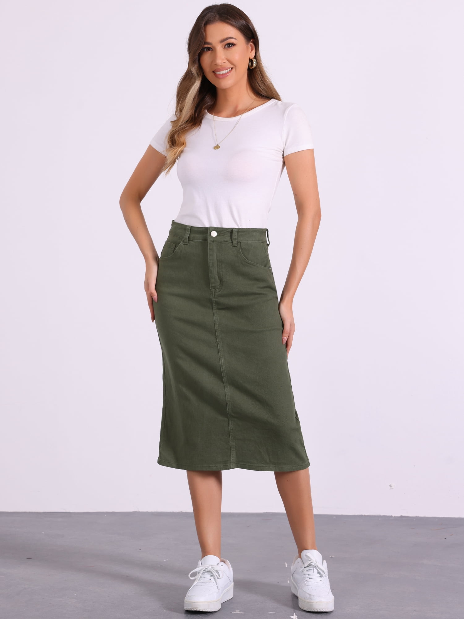 DARING DIVA Women's Denim Split Back Pockets Midi Jean Skirts S Army Green
