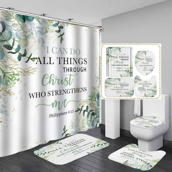 4PCS Inspirational Quotes Floral Shower Curtain Sets with Rugs, Waterproof Fabric Black Shower Curtain, Positive Motivational Word White Peony Flower Blossom Gold Plant Women Bathroom Decor