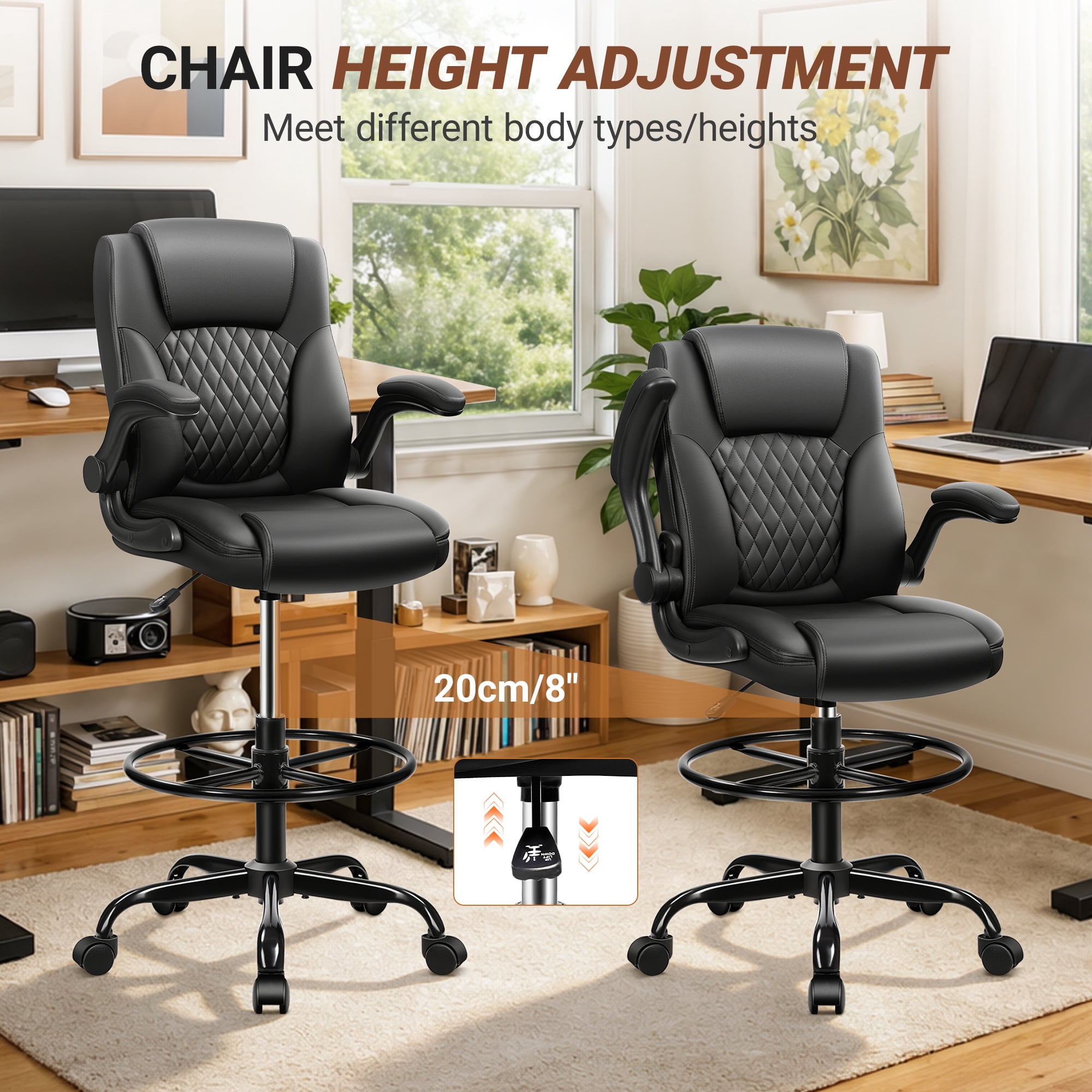 COOLHUT High Back Office Chair with Flip-Up Armrests, PU Leather Executive Ergonomic Computer Chair, Features Lumbar Support, Adjustable Foot Ring for Standing Desks, Home Offices, Black