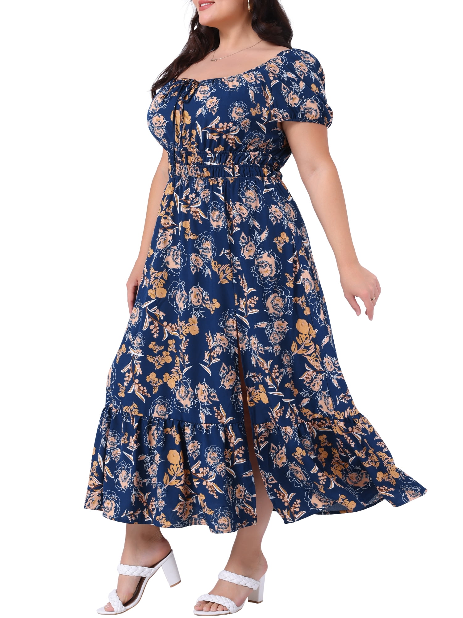 DARING DIVA Plus Size Square Neck Floral Print Short Sleeves Dress 3X Navy Blue