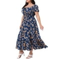 thumbnail image 4 of Agnes Orinda Women's Plus Size Floral Dress Tie Square Neck Smocked Waist Short Sleeve Side Slit Beach A Line Maxi Dresses 1X Navy Blue, 4 of 6