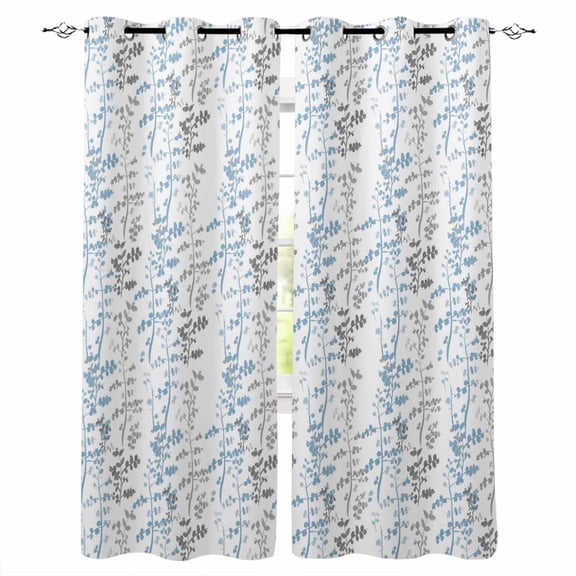 Light Blue Grey Botanical Blackout Curtains for Bedroom/Living Room, Thermal Insulated Kitchen Curtains, Spring Floral Summer Farmhouse Grommet Darkening Window Treatment Drapes 27.5"x39"x2