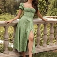 thumbnail image 1 of Women Floral Print Long Dress Summer Puff Sleeve Square Neck Tie Front High Split Dress Ruched Drawstring Chic Dresses Vestidos, 1 of 7
