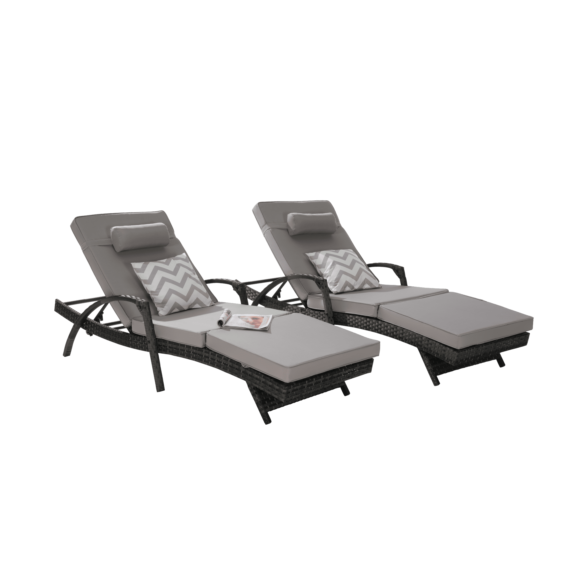 Leumius Outdoor Chaise Lounge Chair Set of 2,Wicker Reclining Lounge Chair with Cushions and Backrest Adjustable to 150° for Outside Pool Patio,Light Gray