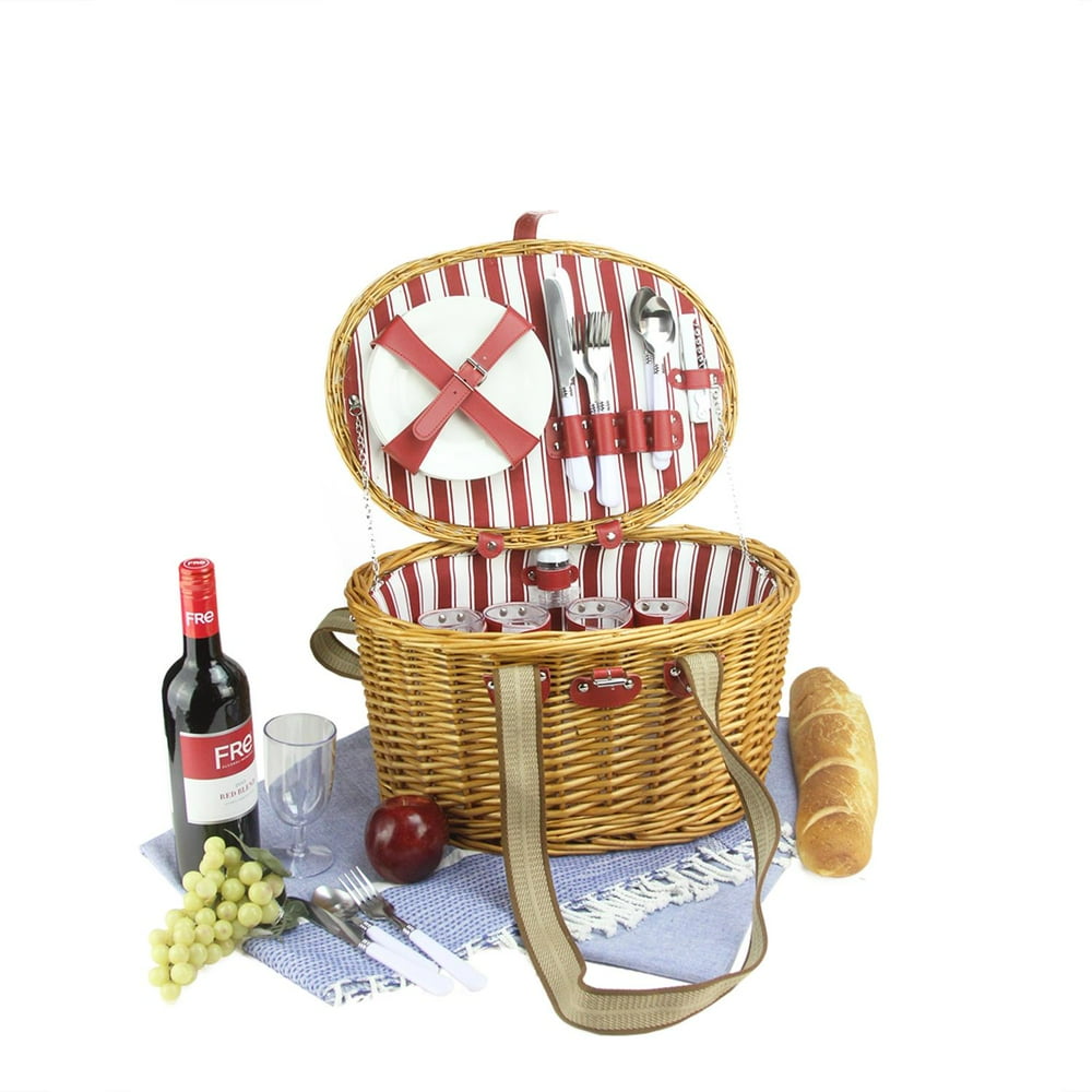 Northlight 4Person Hand Woven Honey Willow Striped Picnic Basket Set