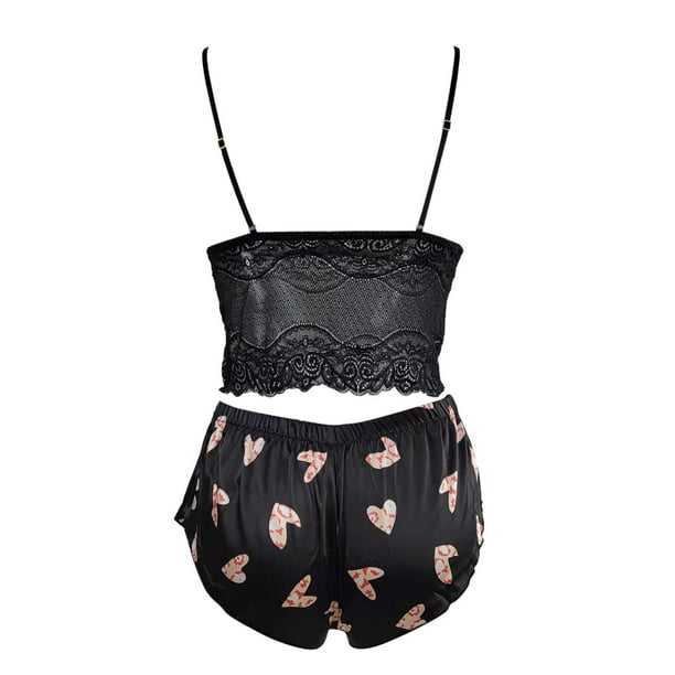 Womens Pajamas Flannel Lined Satin Pajamas for Women Women Lingerie Lace Pajamas Set 2 Piece Set Shorts Nightwear Adult Female Clothes Black Size S