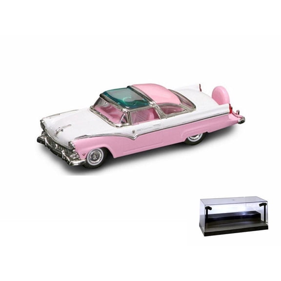 Diecast Car w/LED Display Case - 1955 Ford Crown Victoria Hard Top, Pink and White - Lucky Road Signature 94202PK - 1/43 scale Diecast Model Toy Car