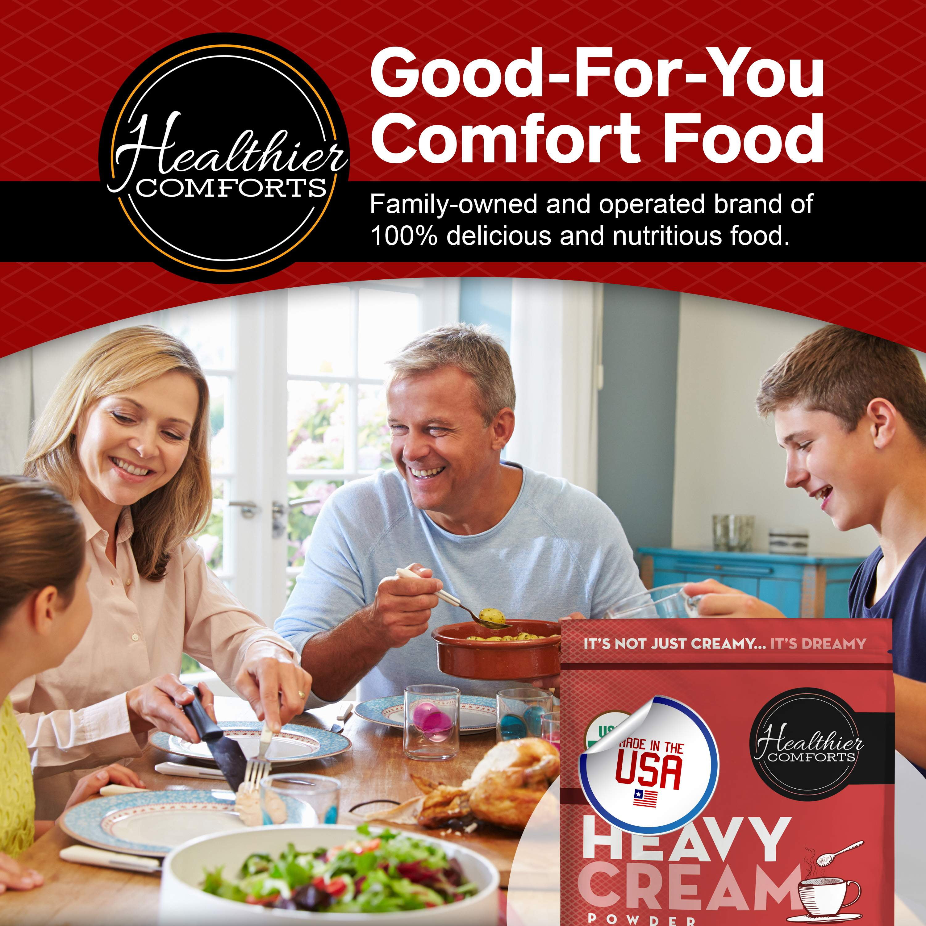 Healthier Comforts Organic Heavy Cream Powder 7oz | Kosher, Gluten Free, Non-GMO, and Keto Friendly | Long Lasting, Easy Sauces, Baking | Made in the USA