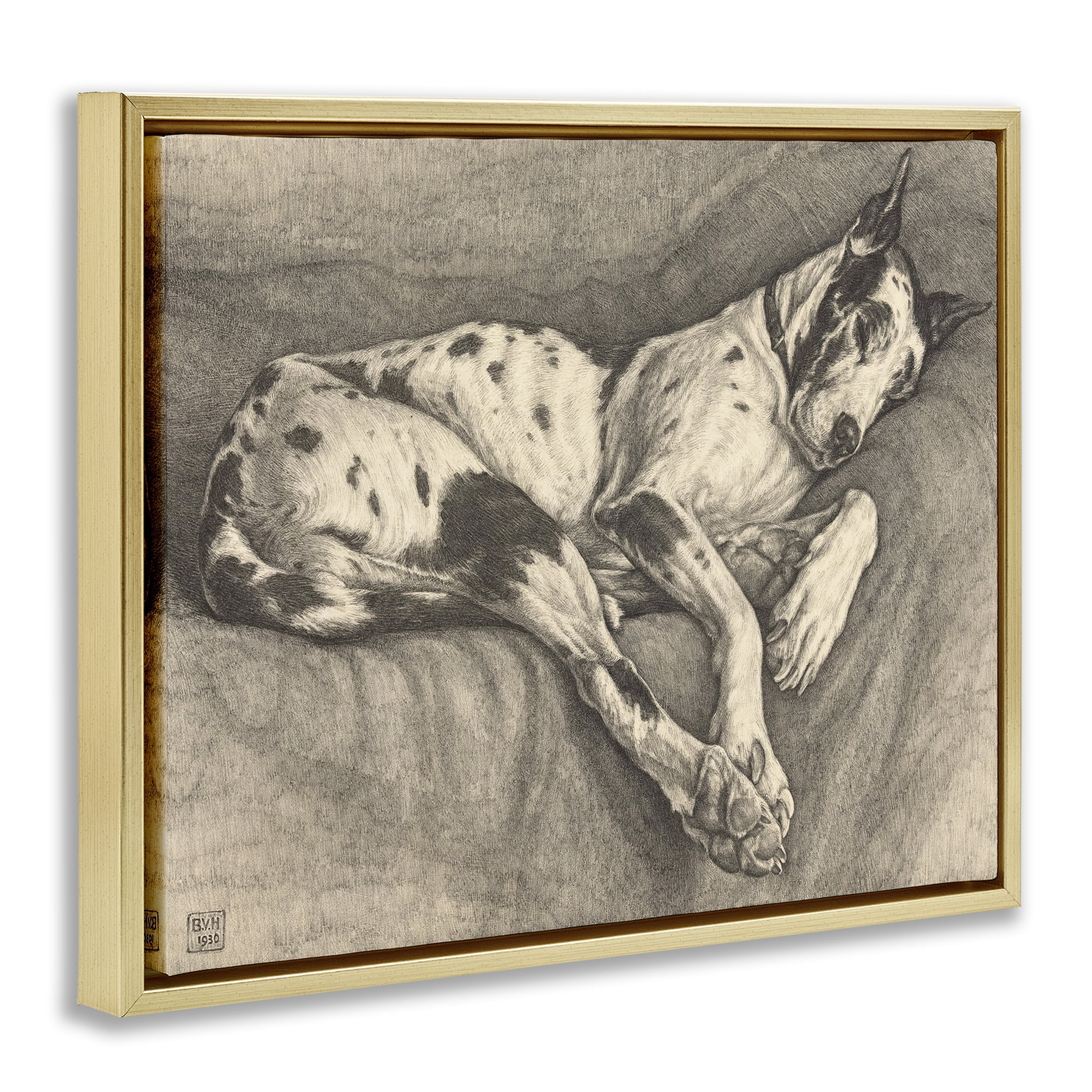 Stupell Industries Sleeping Hound Drawing Gold Framed Floater Canvas Wall Art, design by Bertha Van Hasselt