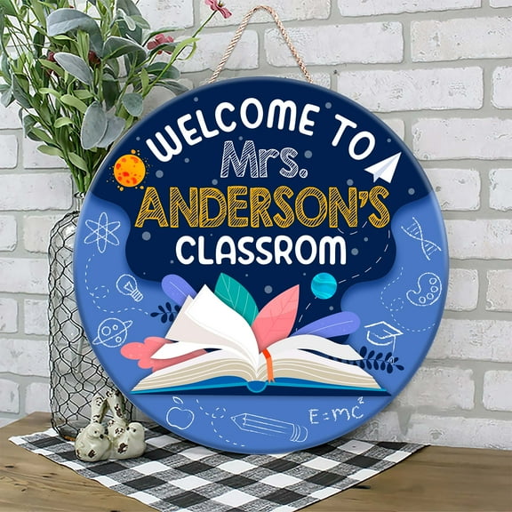 Flagwix Personalized Back To School Sign, Custom Round Wooden Teacher Name Sign, Classroom Decor, Unique Teacher Gifts, Rustic Opening Book Door Sign - 12 inches