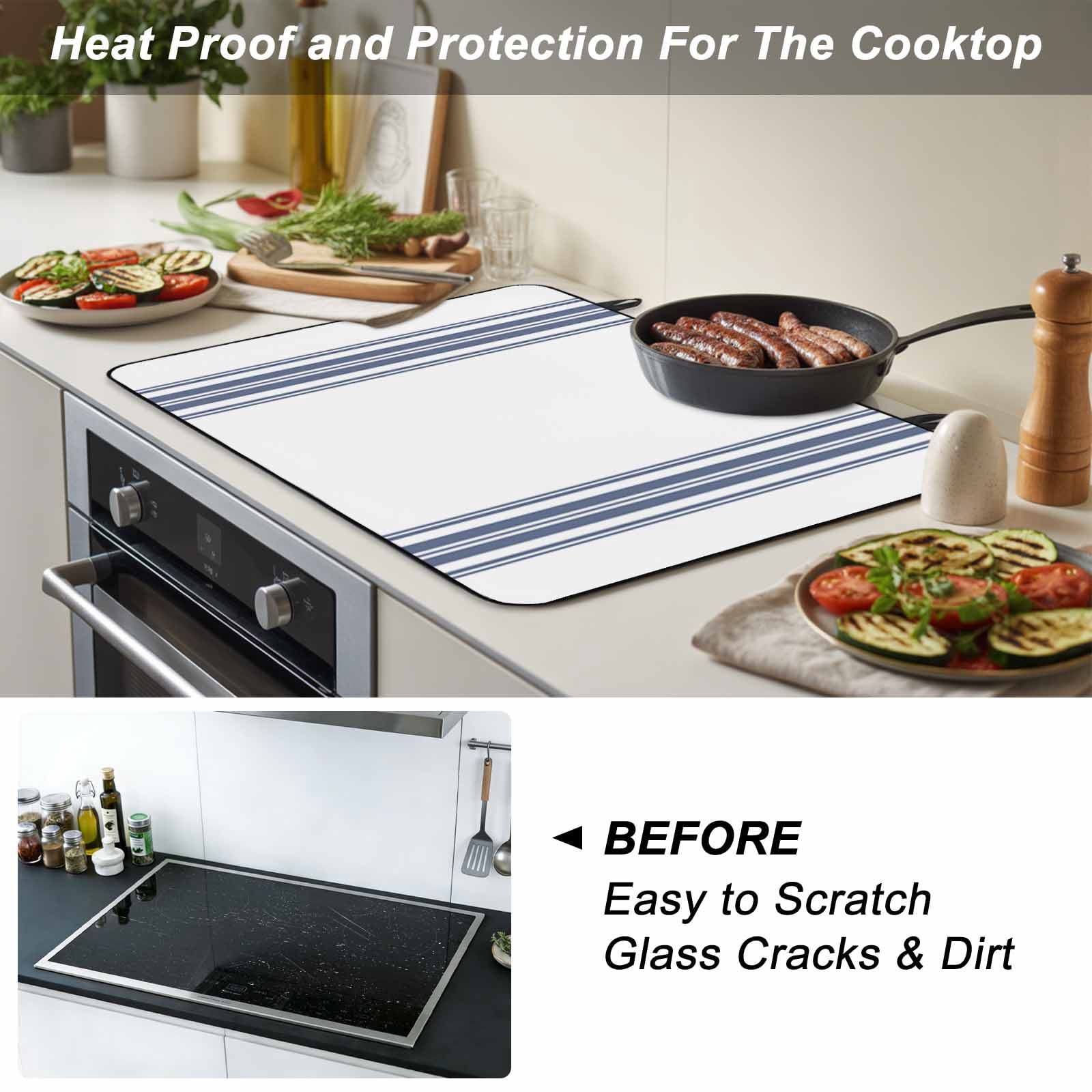 Abstract Geometric Blue Stripe, Stove Top Cover for Electric Stove, Heat-proof & Non Slip Glass Top Stove Cover Protector, White Backdrop Kitchen Flat Cooktop Rubber Mat 36x21 Inches