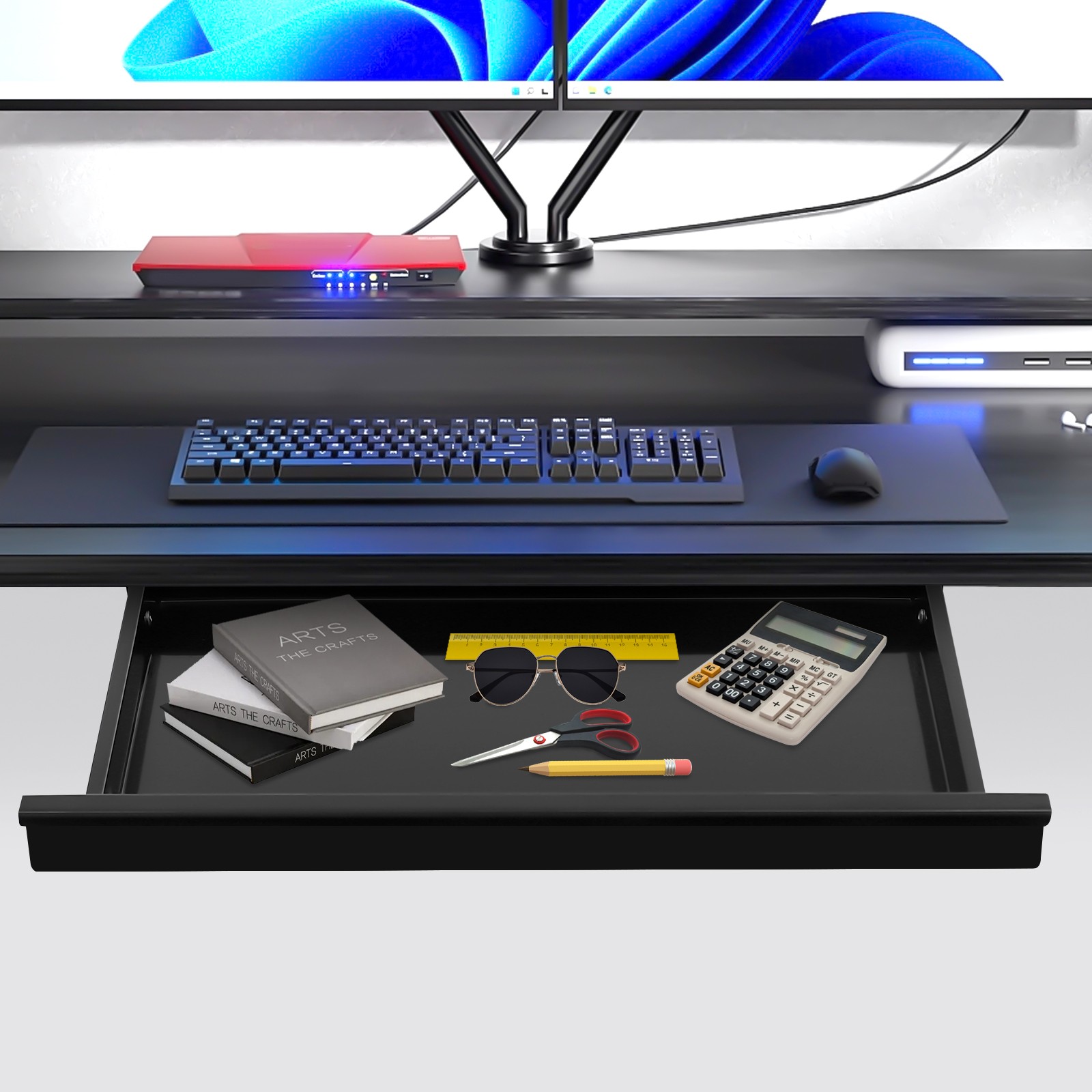 Modern Rectangular Under Desk Sliding Pull-Out Drawer Drawer Storage Organizer Black For Standing Desks