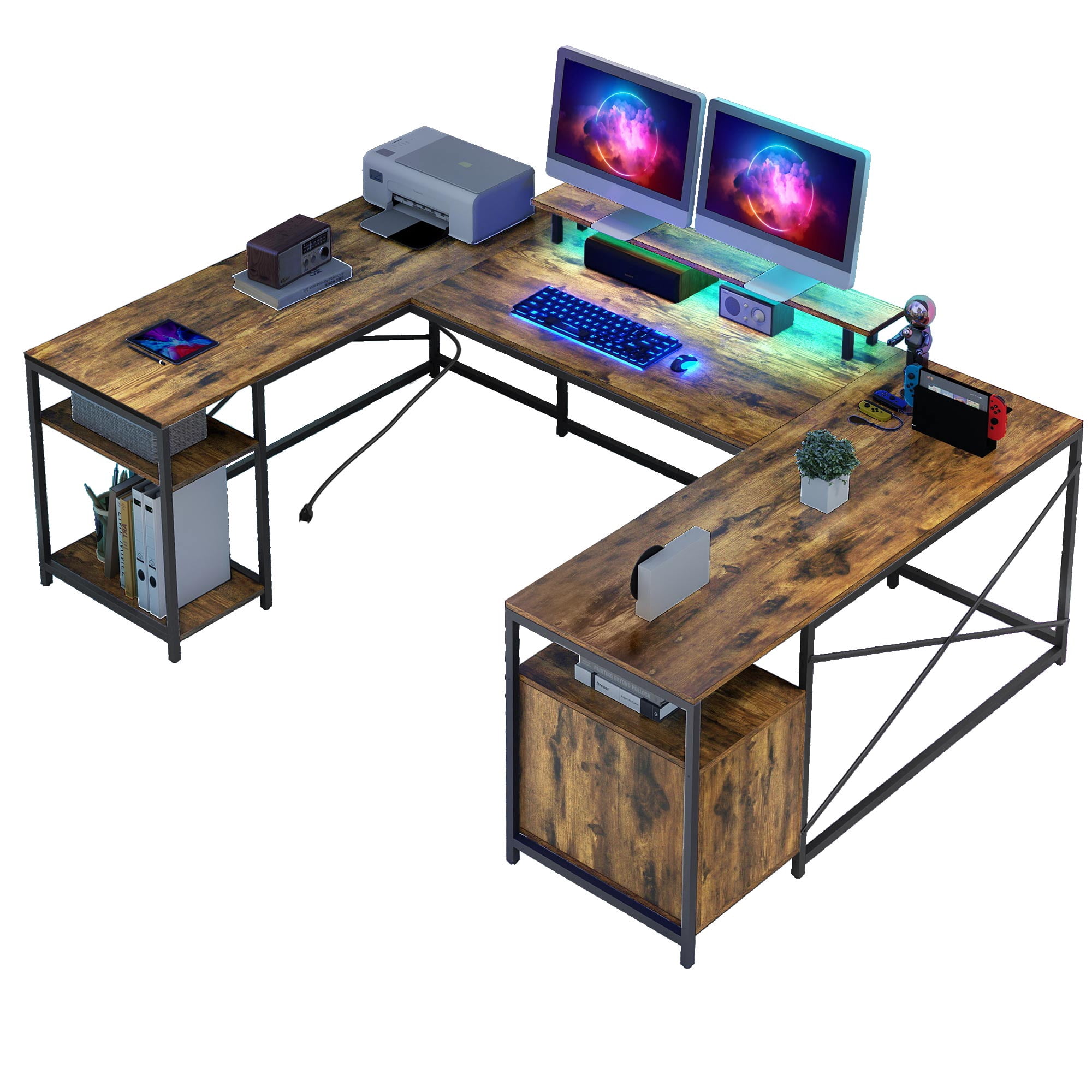 DWVO L Shaped Desk with Power Outlets & LED Lights, Reversible Computer Desk with Storage Shelves, U Shaped Gaming Desk with Monitor Stand 2 Person Large Corner Office Desk, Rustic Brown