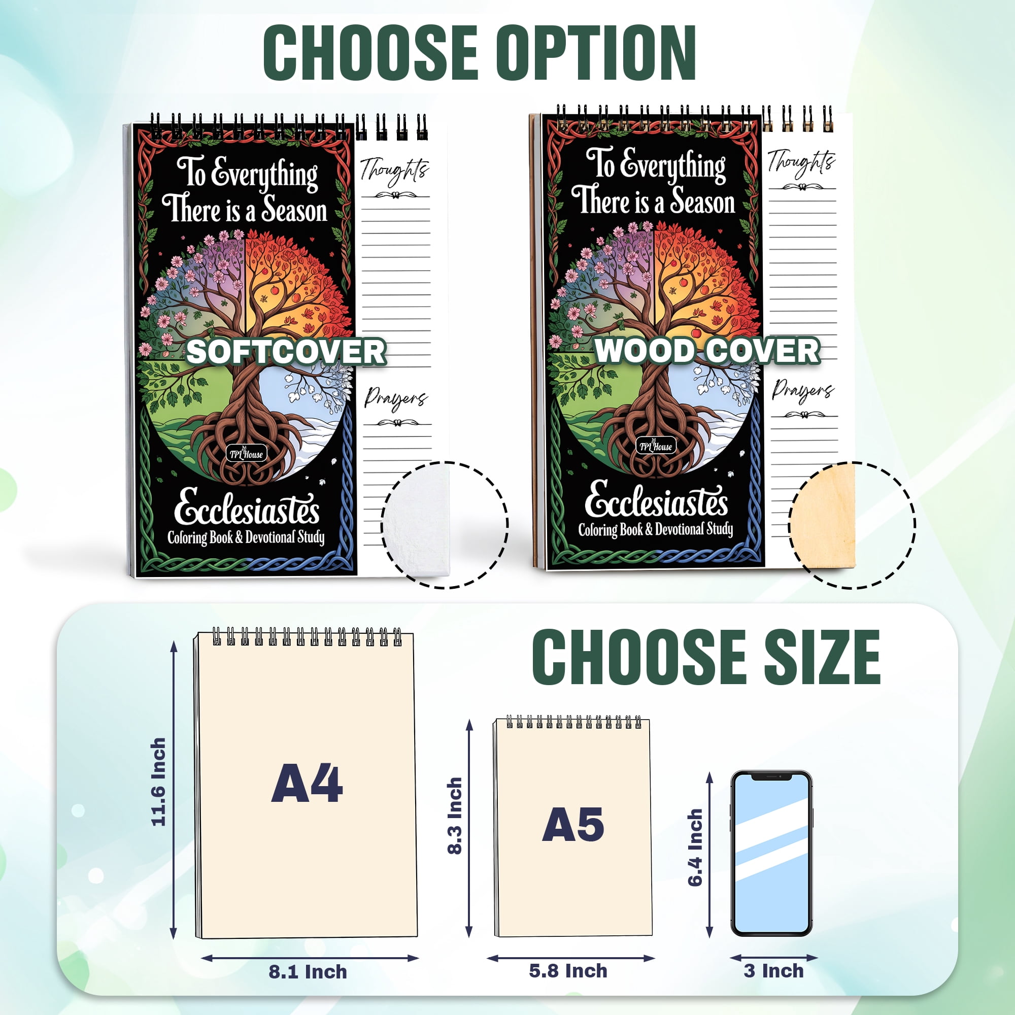 Ecclesiastes Coloring Book for Adults, 30 Minimalist Scripture Art Pages with Reflection & Prayer Space, Spiral Bound, A4 or A5 Softcover or Wood Cover