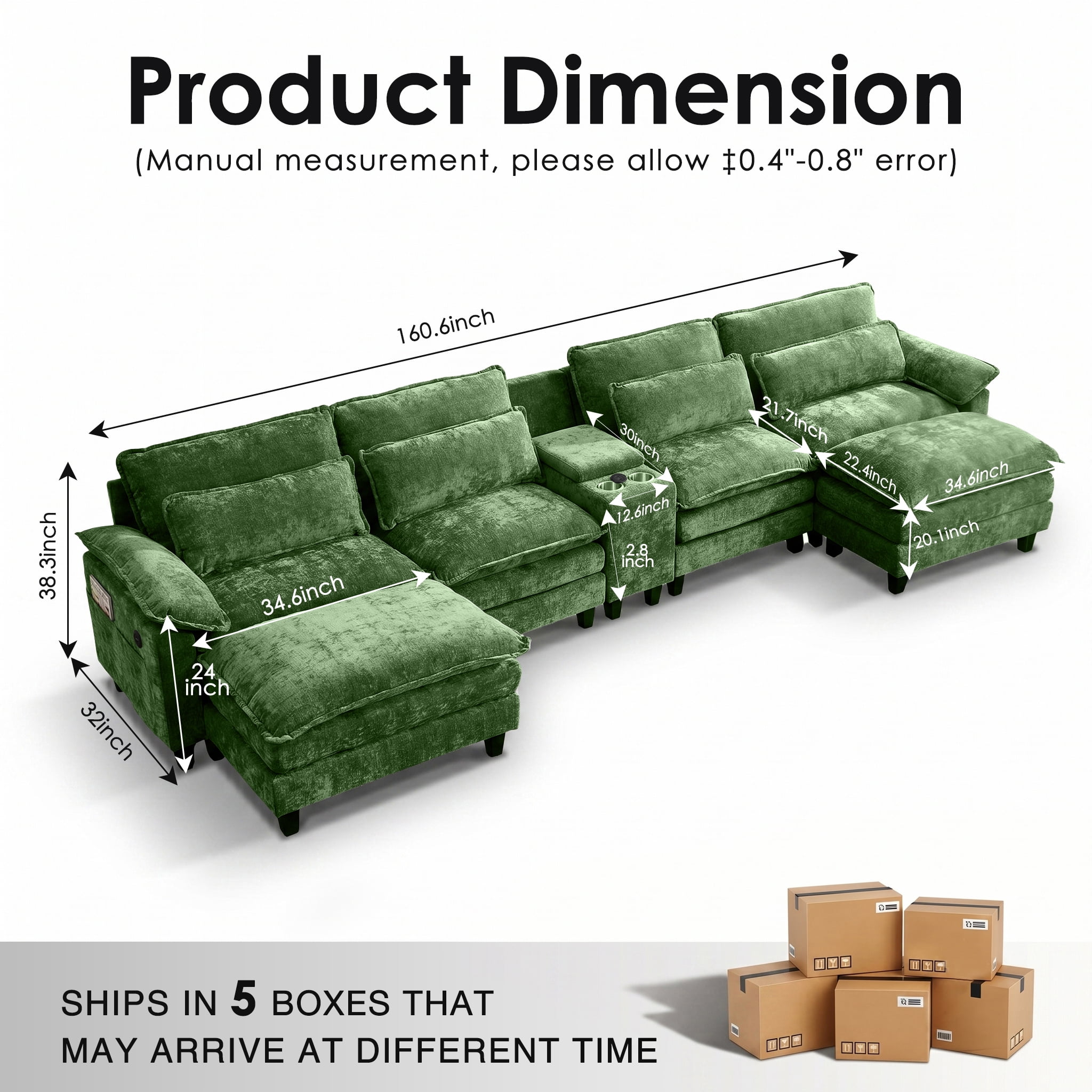 AISWORD U Shaped Cloud Couch Sectional, Oversized Modular Sofa with USB Charging, Hidden Storage, Cup Holders & Double Chaise for Living Room, Green