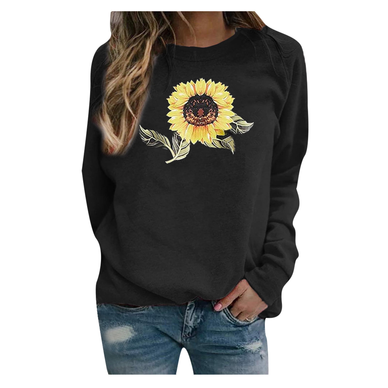 COOKI Womens Hoodies Sunflower Print Pullover Hoodie Loose Long Sleeve Hooded Sweatshirts Sweaters Jumper Tops Shirts 