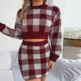 thumbnail image 6 of Annhoo Skirt Sets Women 2 Piece Knit Plaid Sweater Outfits Round Neck Long Sleeve Crop Tops and Mini Skirts Fall Outfits, 6 of 8
