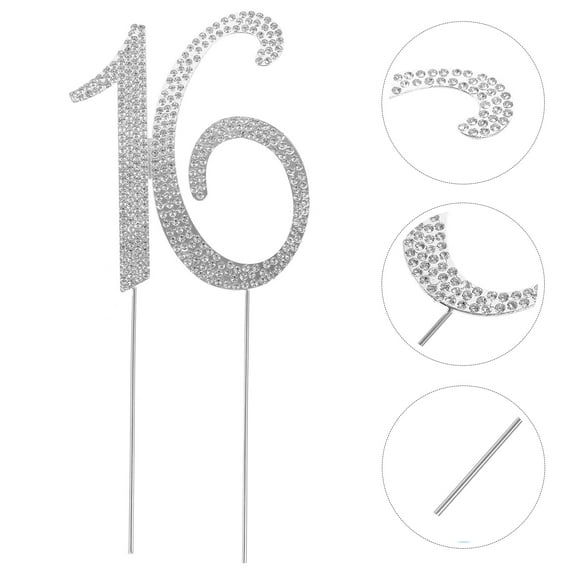 Omeite Birthday Party 16 Rhinestone Cake Toppers (Silver)