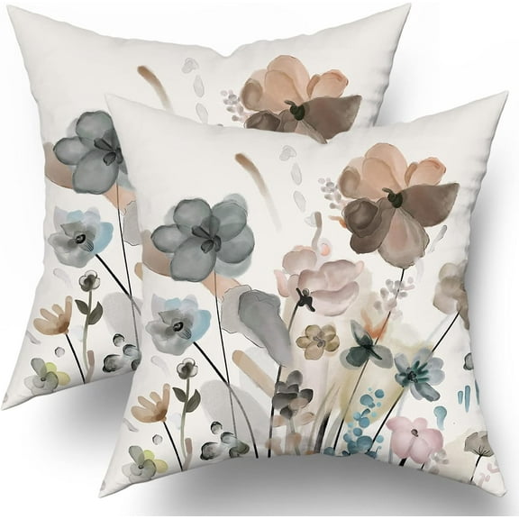 Teal Brown Cream Grey Floral Throw Pillow Covers 18x18 In Watercolor Tan Gray Beige Flowers Decorative Pillow Cases Rustic Abstract Modern Pillowcases Home Decor For Living Room Couch Sofa Set of 2