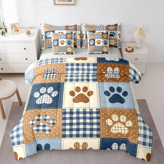 Homewish Dog Paw Checked 7-Piece Twin Bedding,Vintage Pet Theme Bedding Comforter Set,Blue,Light Gray Reversible