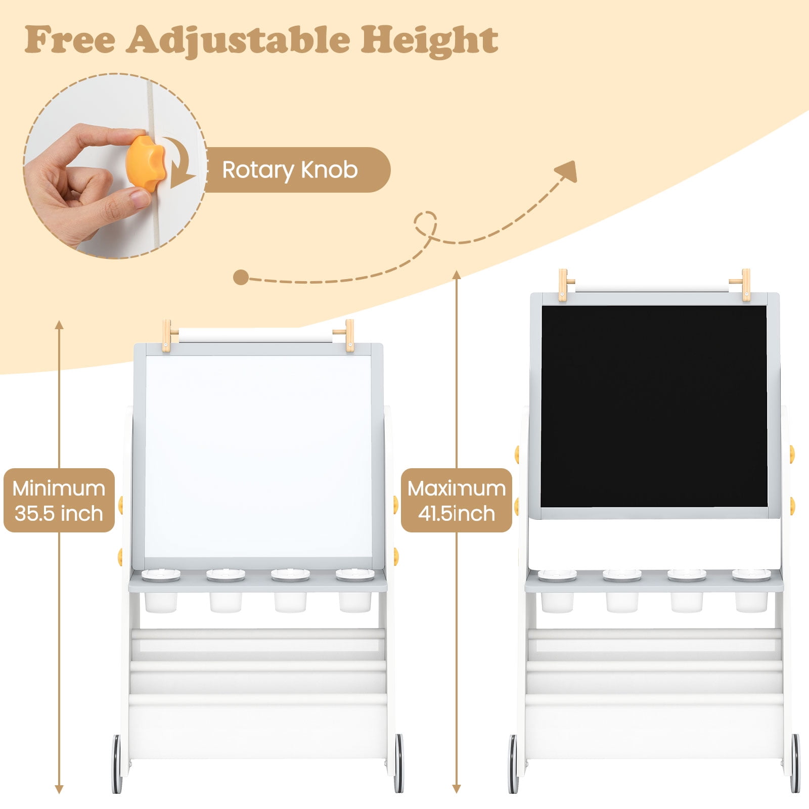 INFANS Easel for Kids with Stool, 4-in-1 Double-Sided Adjustable Magnetic Chalkboard with Paper Roll, Bookshelves, Wheels, Wooden Standing Painting Drawing Art Board for Boys Girls