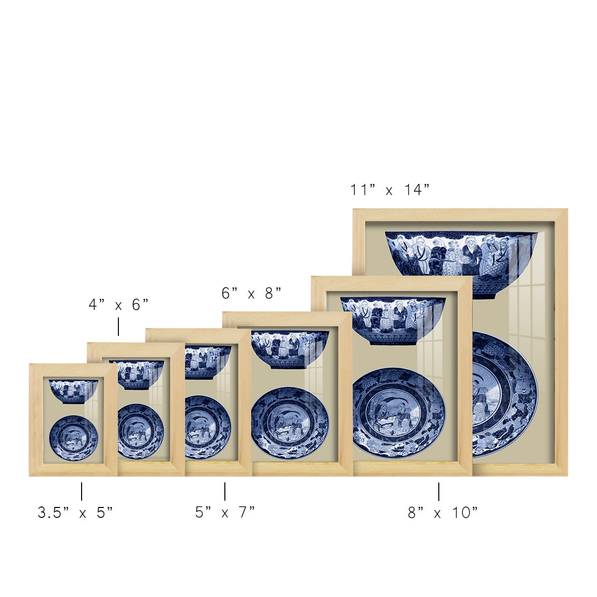 Porcelain in Blue and White II -Framed Print w/glass-Natural Wood