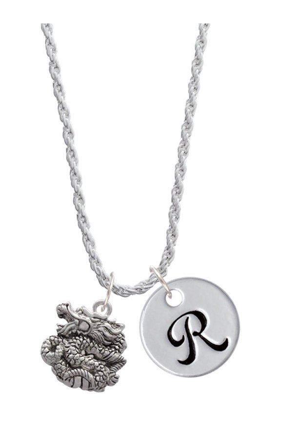 Silvertone Chinese Dragon Silvertone Script Initial Disc - R - Charm Necklace, 20"+3"