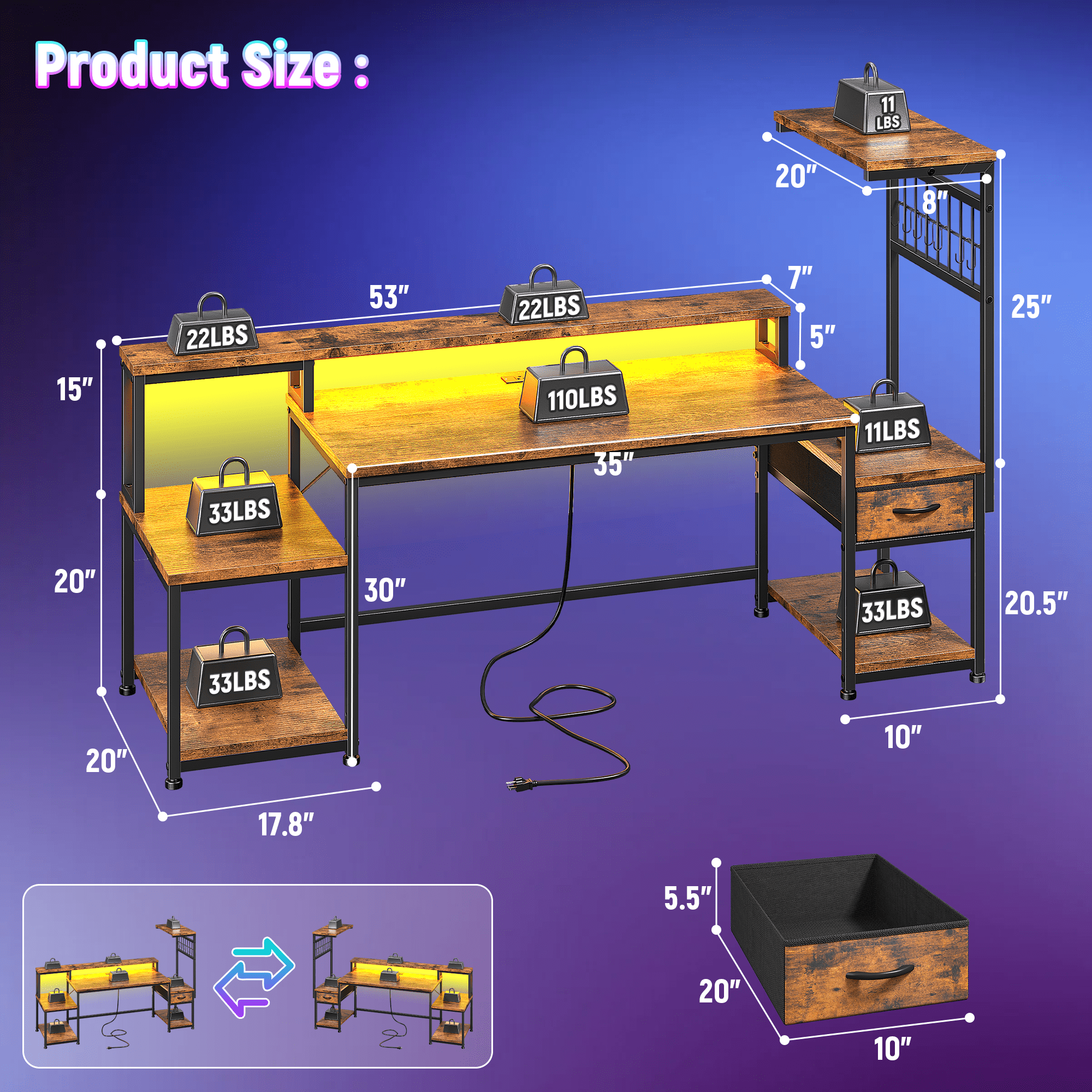 Romorgniz 63"W Gaming Desk Computer Desk with Hutch Corner Desk with LED Lights， Outlets & Monitor Stand for Gaming,Studying,Home Office Desks,Rustic Brown