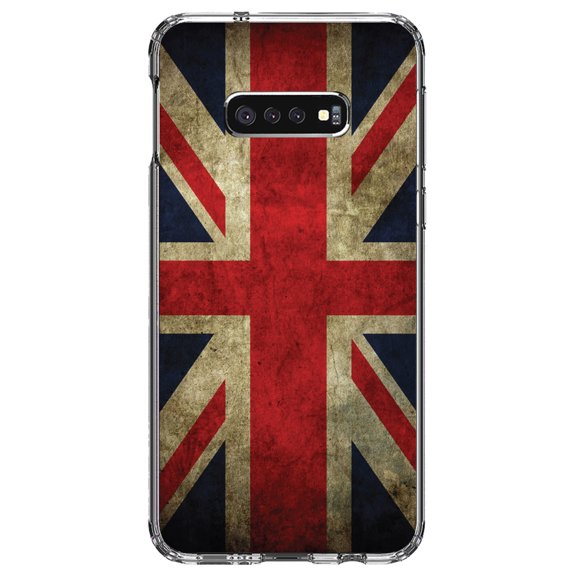 DistinctInk Clear Shockproof Hybrid Case for Samsung Galaxy S10e (5.8" Screen) - TPU Bumper, Acrylic Back, Tempered Glass Screen Protector - Red White Blue British Flag Old - the UK