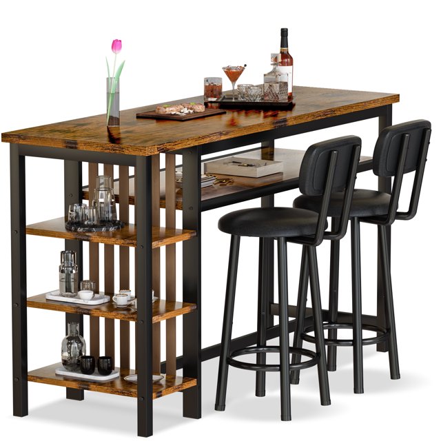 Furlinkhm Bar Dining Table Set for 2, 3 Piece Bar Table and Chairs Set, Kitchen Counter Height Dining Table Set, Small Kitchen Bar Table with Storage, Breakfast Nook Set for Small Space, Rustic Brown
