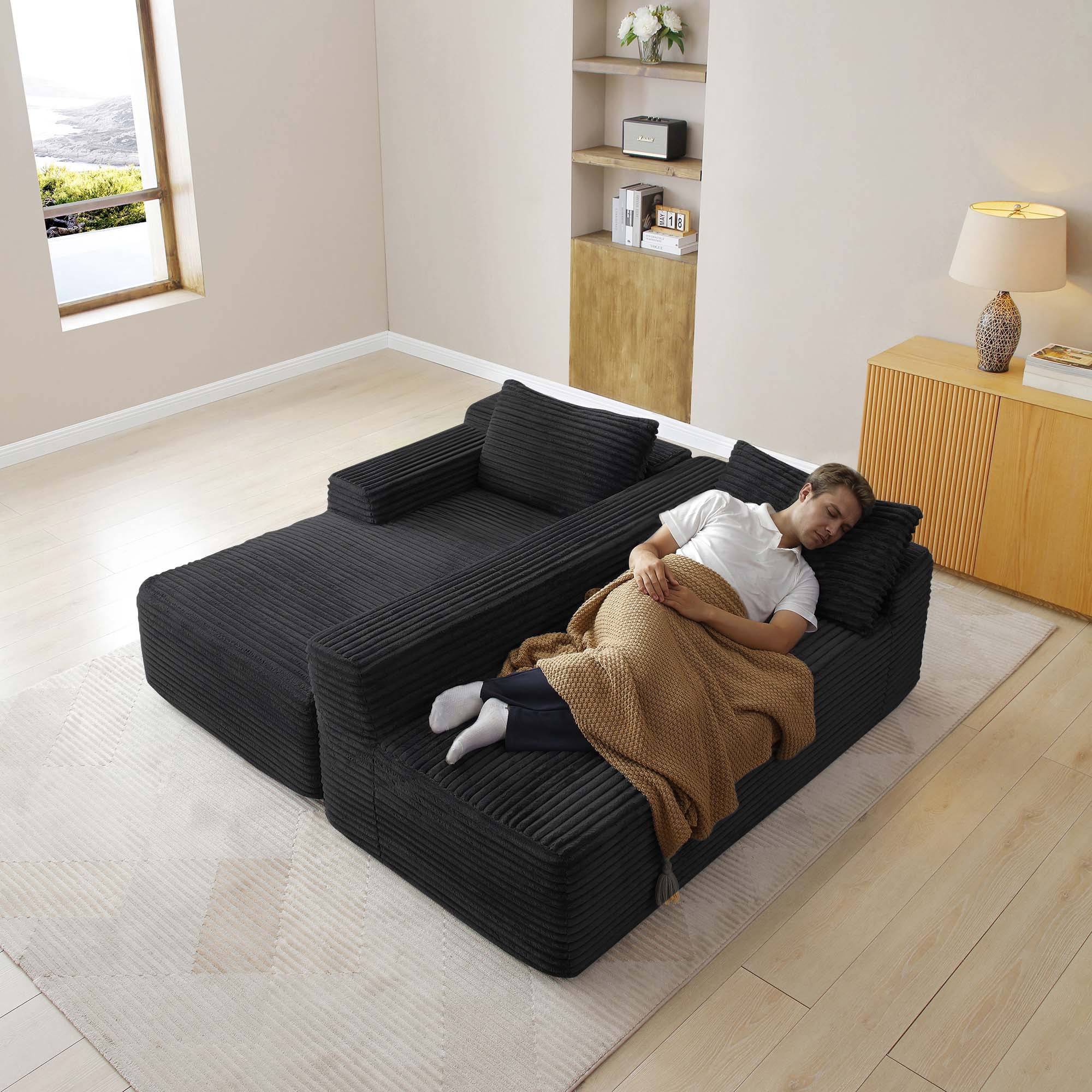 Miniyam Move-in Ready 97" Sectional, L-Shape Deep Seat & Chaise, No Assembly, Corduroy (Left Facing Chaise, Black)
