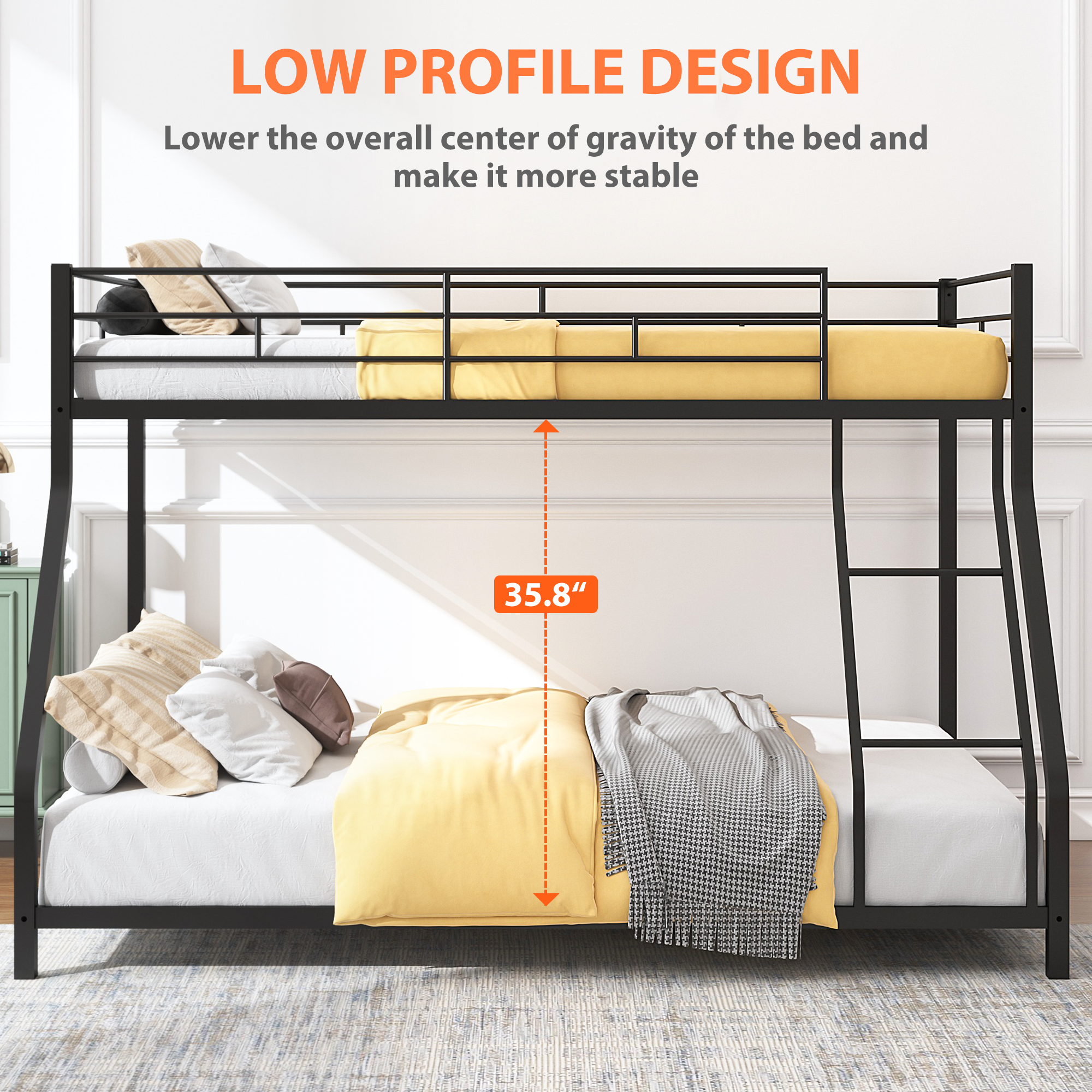 Bunk Beds Twin over Full Size, LEGAHOME Metal Bunk Beds for Kids, Twin Over Full Kids Bunk Bed with Full-Length Guardrail, for Adults Dorm Bedroom Guest Room, No Box Spring Needed, Black