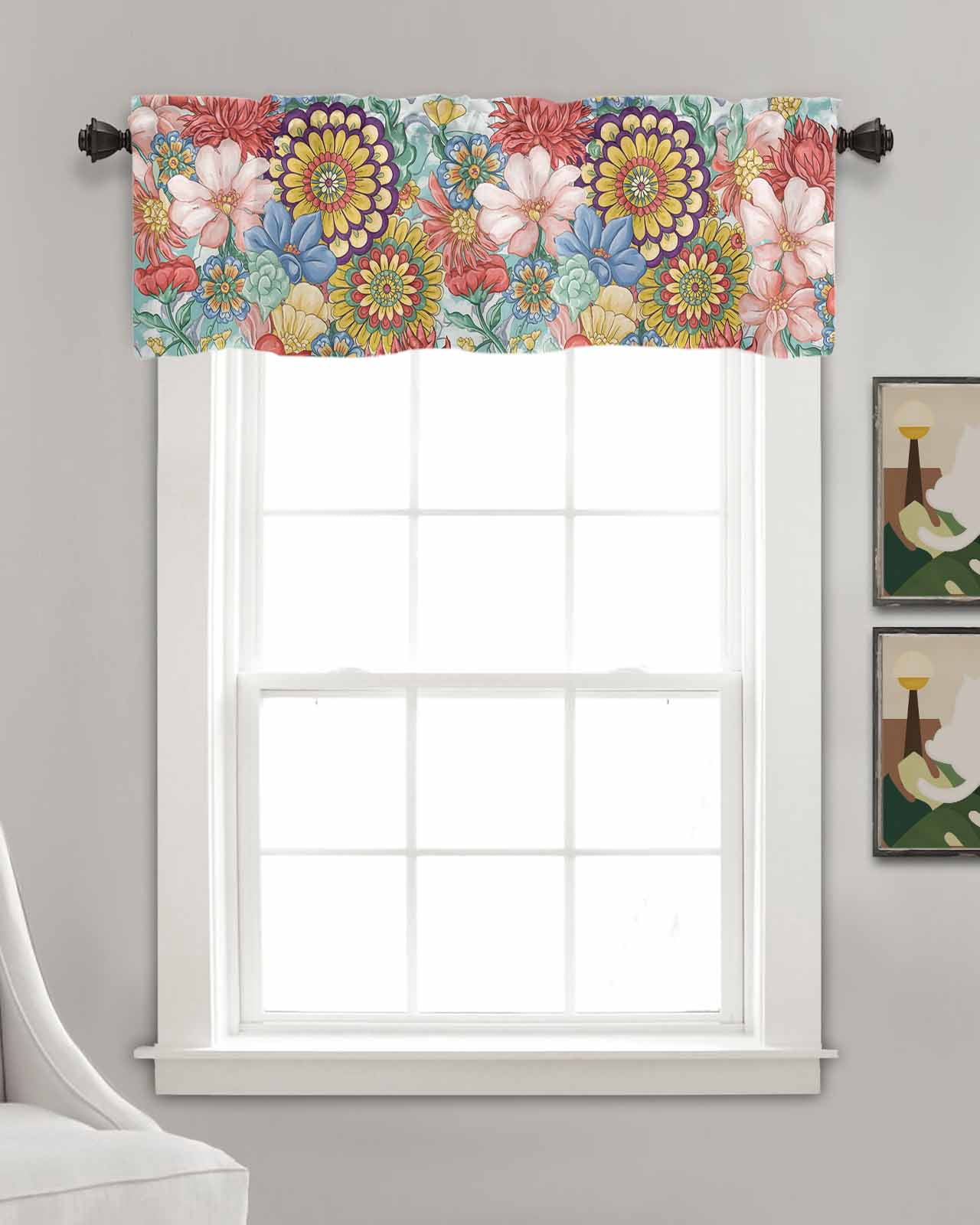 Boho Floral Kitchen Valances for Windows Farmhouse Linen Window Valance Curtain for Living Room Window Treatment Bohemia Country Colorful Mandalas Flower Valance Rod Pocket Topper Drape, 60 x 18 Inch