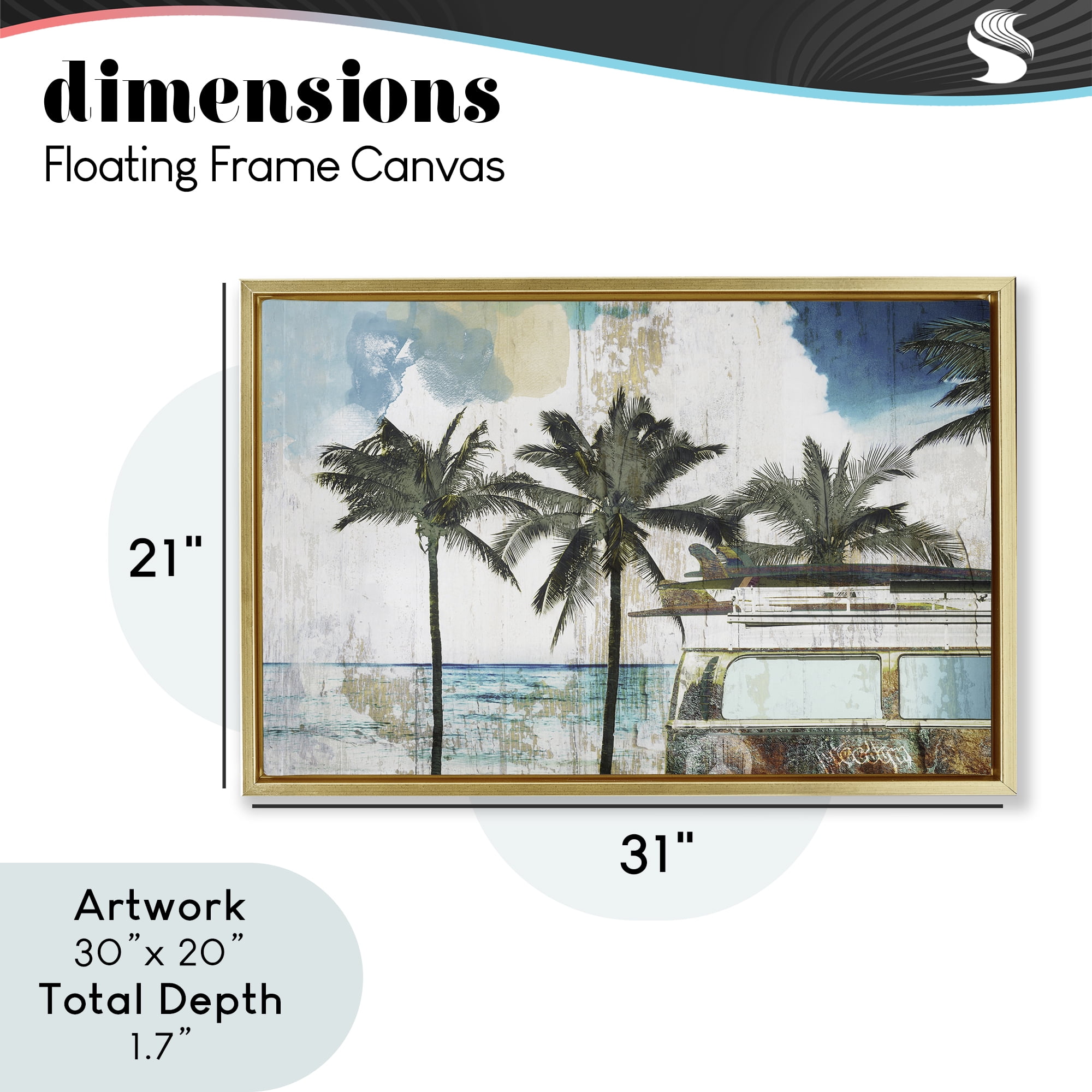 Beach Day Retro Vacation Gold Framed Floater Canvas Wall Art, design by Sasha