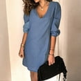 thumbnail image 1 of CEHVOM Mode Femmes Décontractée Ample à Col en V Jupe en Denim Style Cowboy Robe à Manches Mi-Longues, 1 of 5