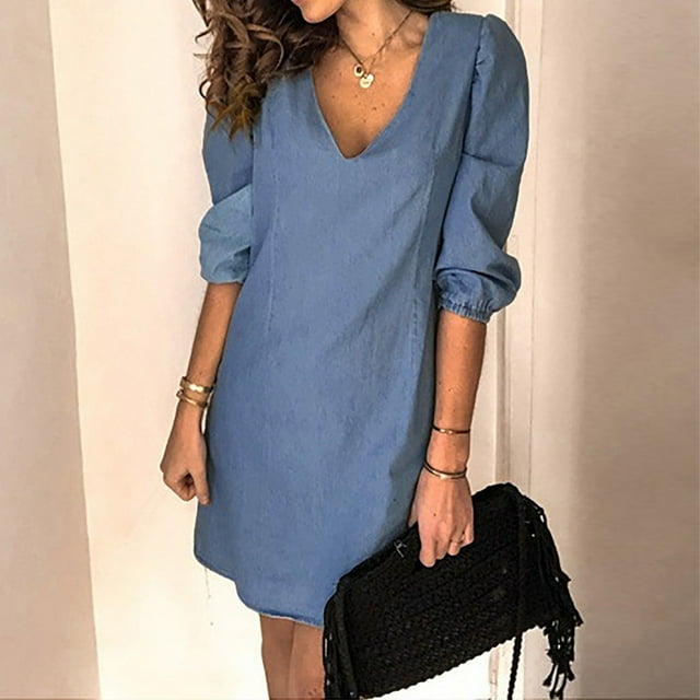 CEHVOM Mode Femmes Décontractée Ample à Col en V Jupe en Denim Style Cowboy Robe à Manches Mi-Longues